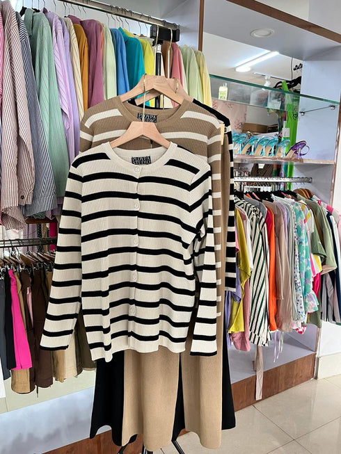 PLOYPA Casual Strip Cardigan With Loose Wide Leg Pants